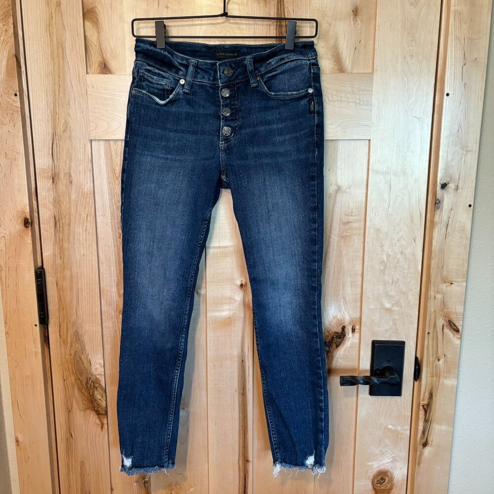 Silver Jeans Company Suki Skinny Crop Jeans Chewed Hem W26/L26 Front Buttons